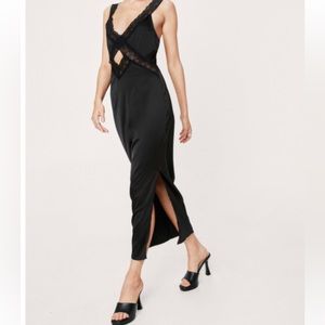 Nasty Gal Satin Lace Trim Cut Out Midi Dress, Size 2
